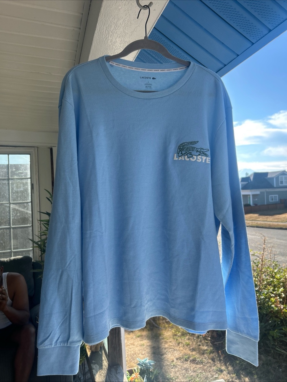 Lacoste Light Blue Long-Sleeve Waffle Knit Crewneck Tee with Crocodile Logo